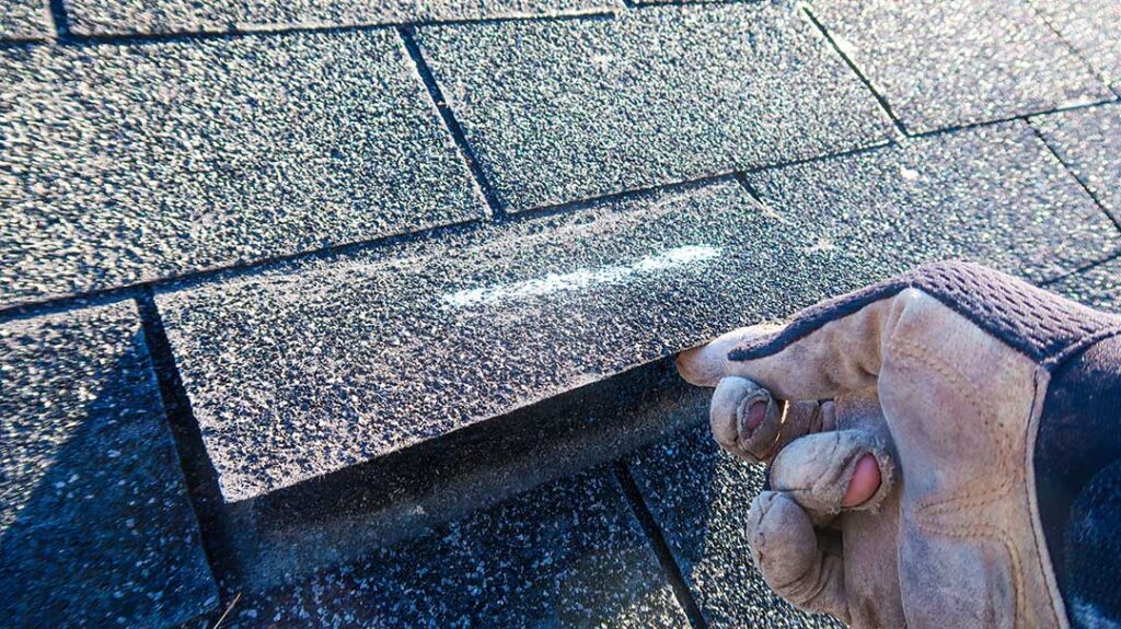 Homeowner reviews a roofing contract beside storm-damaged shingles and a camera with repair photos.