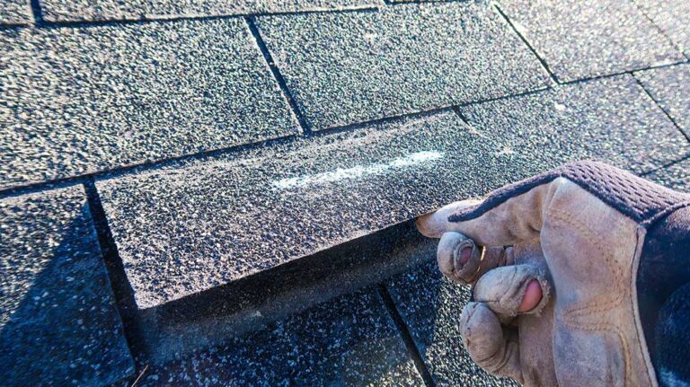 Homeowner reviews a roofing contract beside storm-damaged shingles and a camera with repair photos.